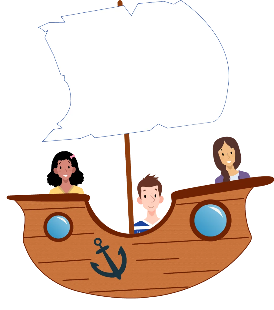 Adventurous Nautical Voyage: Three Young Explorers on a Cartoon Clipart Ship