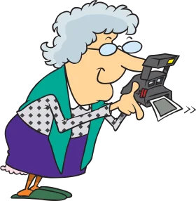 Charming Elderly Lady Capturing Memories with Vintage Instant Camera Clipart Illustration
