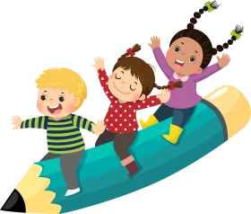 Cheerful Children Riding a Giant Magical Pencil Clipart Adventure