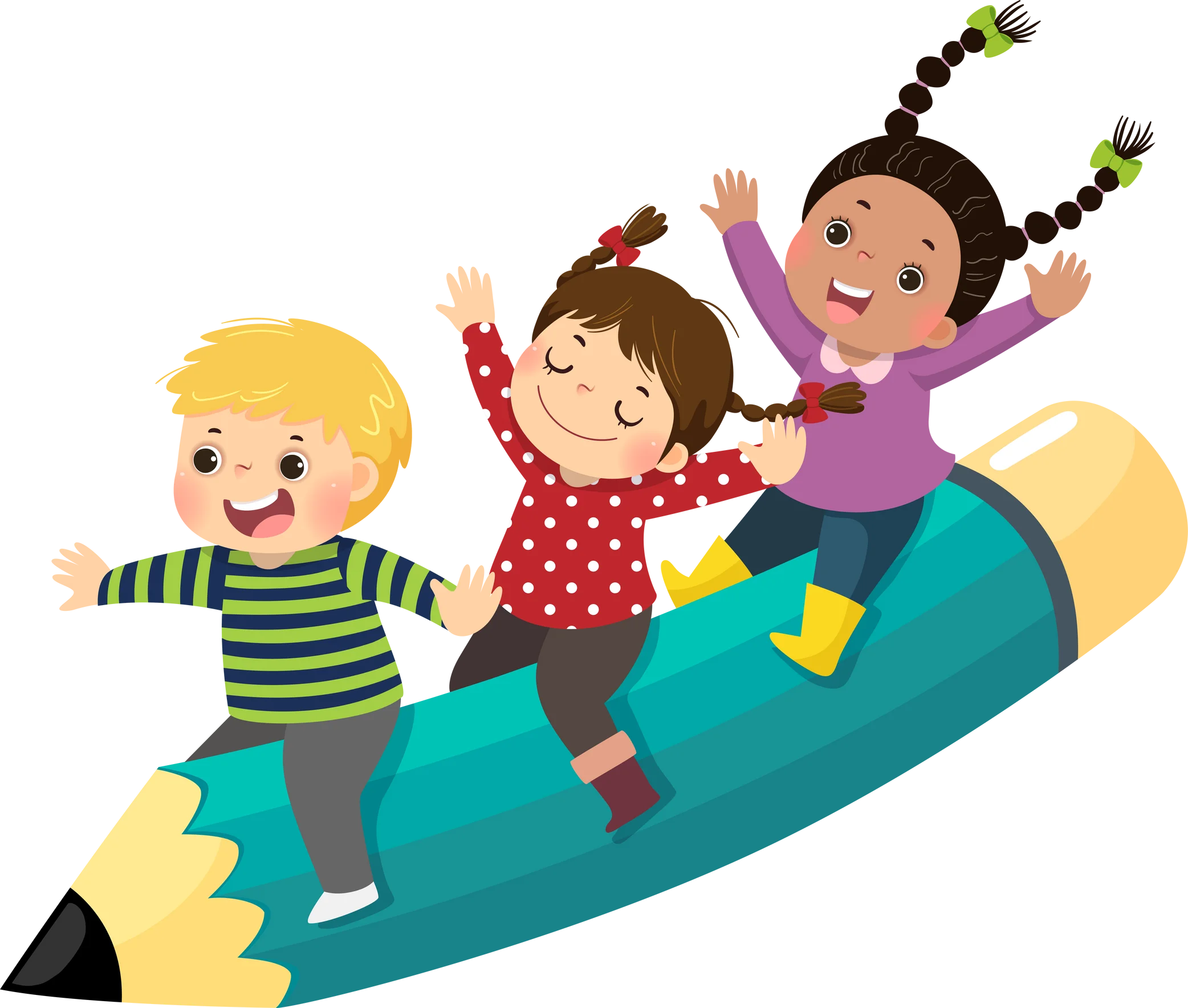 Cheerful Children Riding a Giant Magical Pencil Clipart Adventure