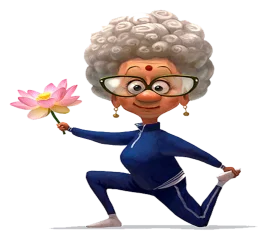 Cheerful Elderly Lady Cartoon Clipart Dancing with Lotus Flower