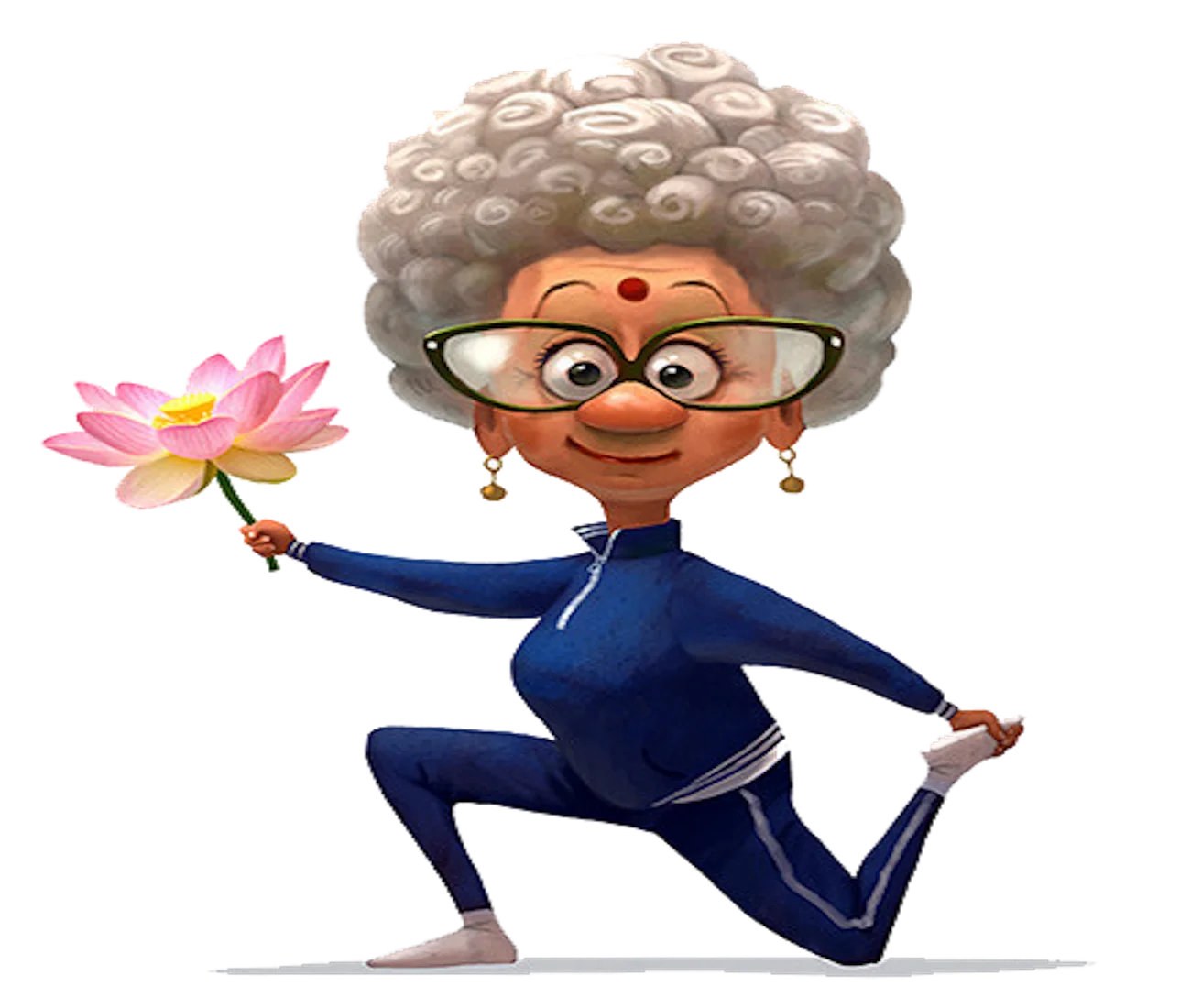 Cheerful Elderly Lady Cartoon Clipart Dancing with Lotus Flower
