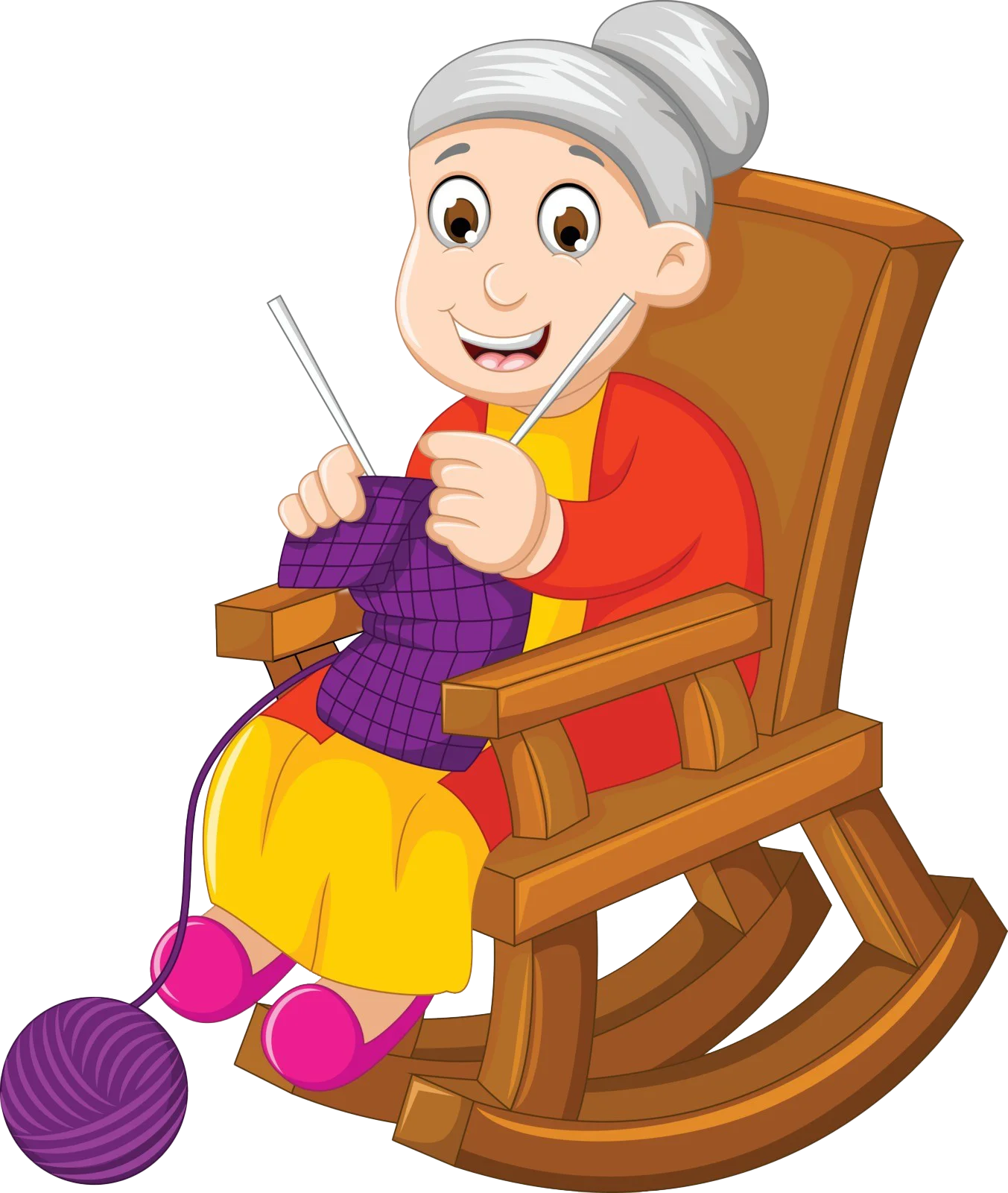 Cheerful Elderly Woman Knitting in Cozy Wooden Rocking Chair Clipart Illustration