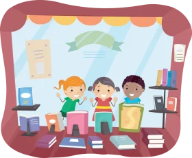 Cheerful Elementary School Children Learning Together Clipart Scene