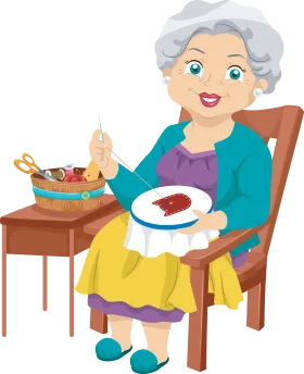 Cheerful Grandma Enjoying Crafting and Needlework Clipart Illustration
