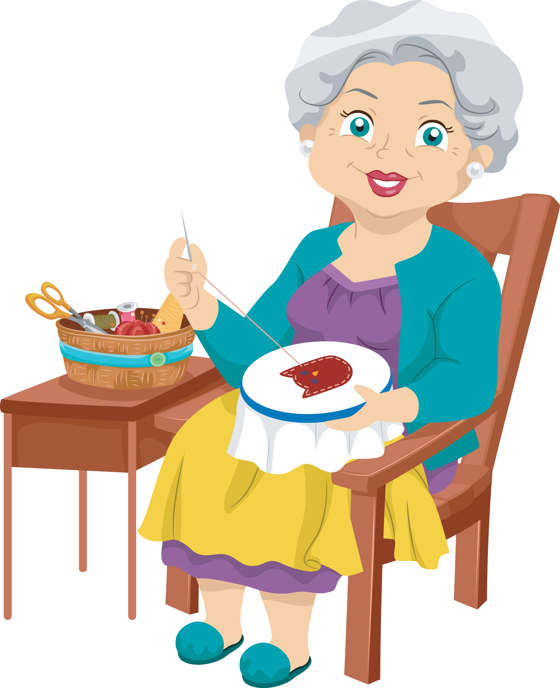 Cheerful Grandma Enjoying Crafting and Needlework Clipart Illustration