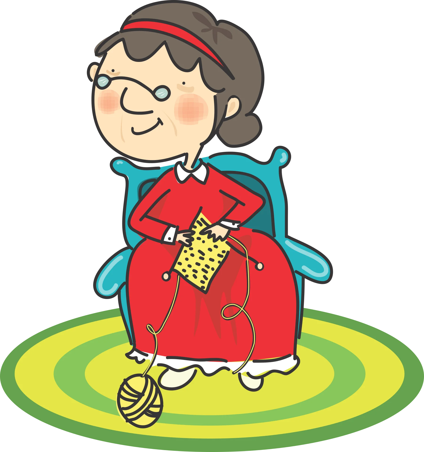 Cheerful Grandma Knitting on Comfortable Chair Cartoon Clipart Illustration