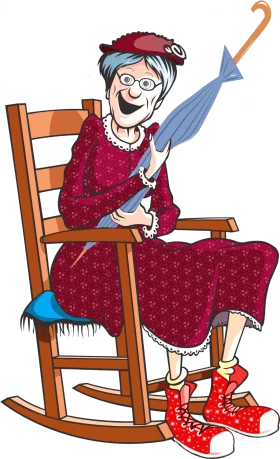 Cheerful Grandma Sitting in Rocking Chair with Umbrella Cartoon Clipart Illustration