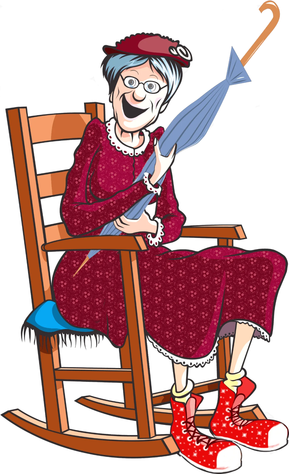 Cheerful Grandma Sitting in Rocking Chair with Umbrella Cartoon Clipart Illustration