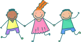 Cheerful Stick Figure Kids Holding Hands - Playful Children's Clipart Design