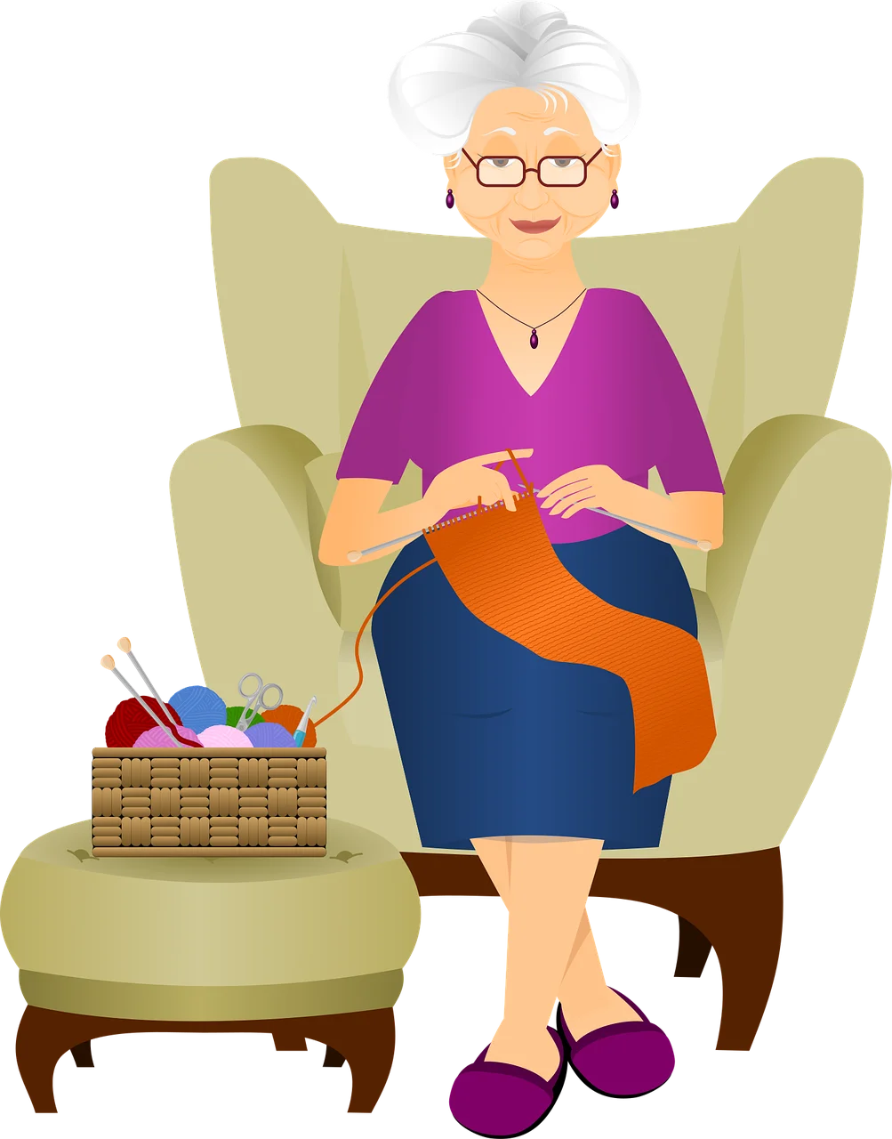 Cozy Afternoon Knitting: Elderly Woman in Comfortable Armchair Crafting Clipart