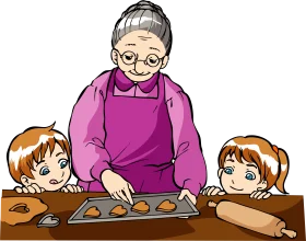 Heartwarming Grandma and Children Baking Cookies Clipart Illustration