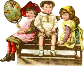 Nostalgic Vintage Clipart Illustration of Three Children Sitting on a Wooden Bench