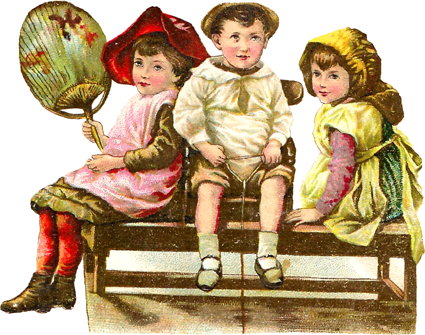 Nostalgic Vintage Clipart Illustration of Three Children Sitting on a Wooden Bench