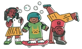 Playful Children's Clipart: Skateboarding and Bubble-Blowing Adventures