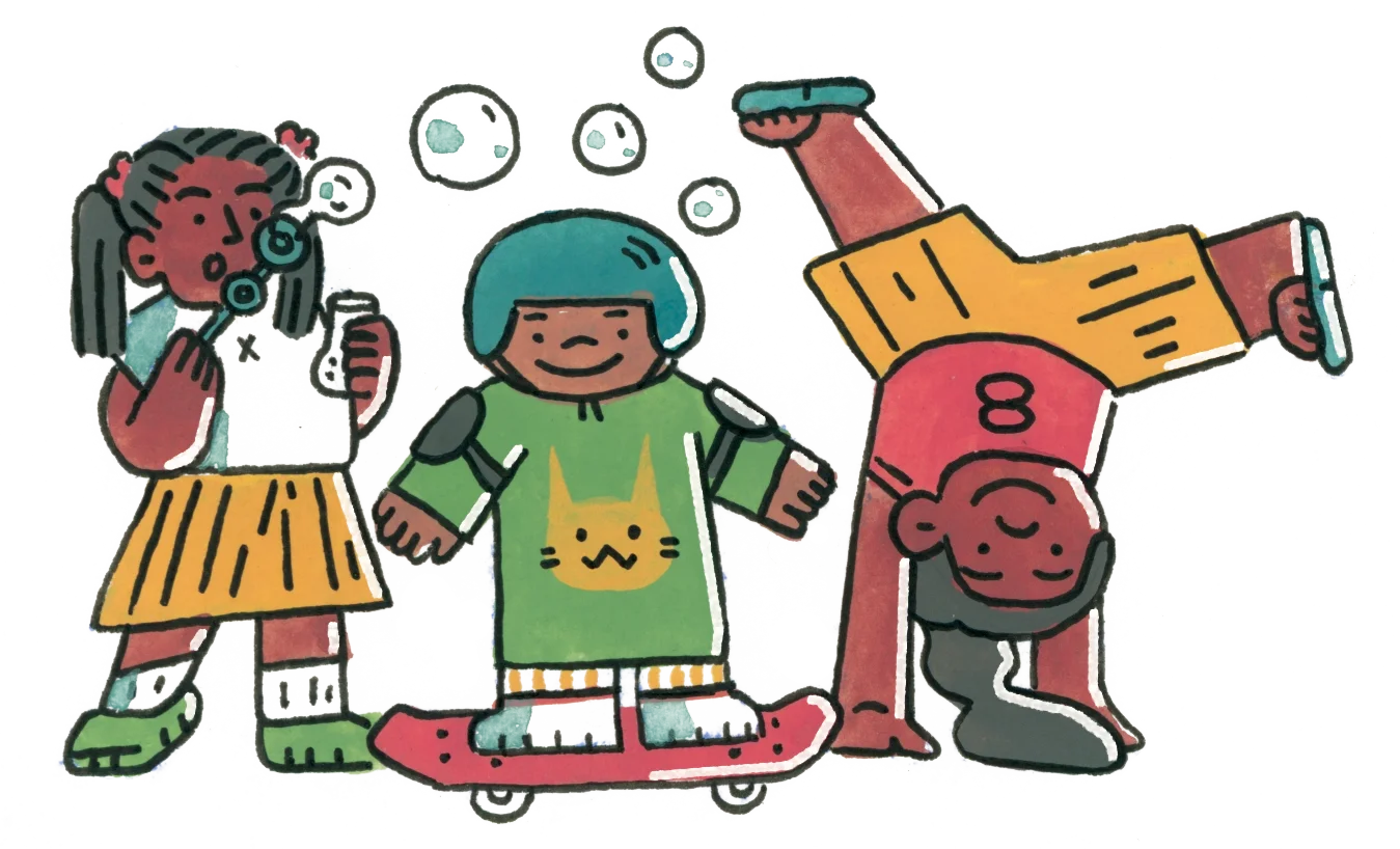 Playful Children's Clipart: Skateboarding and Bubble-Blowing Adventures