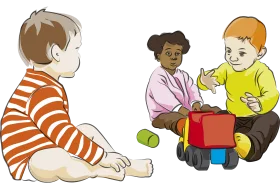 Playful Preschool Moments: Children Sharing Toys in Colorful Clipart Illustration