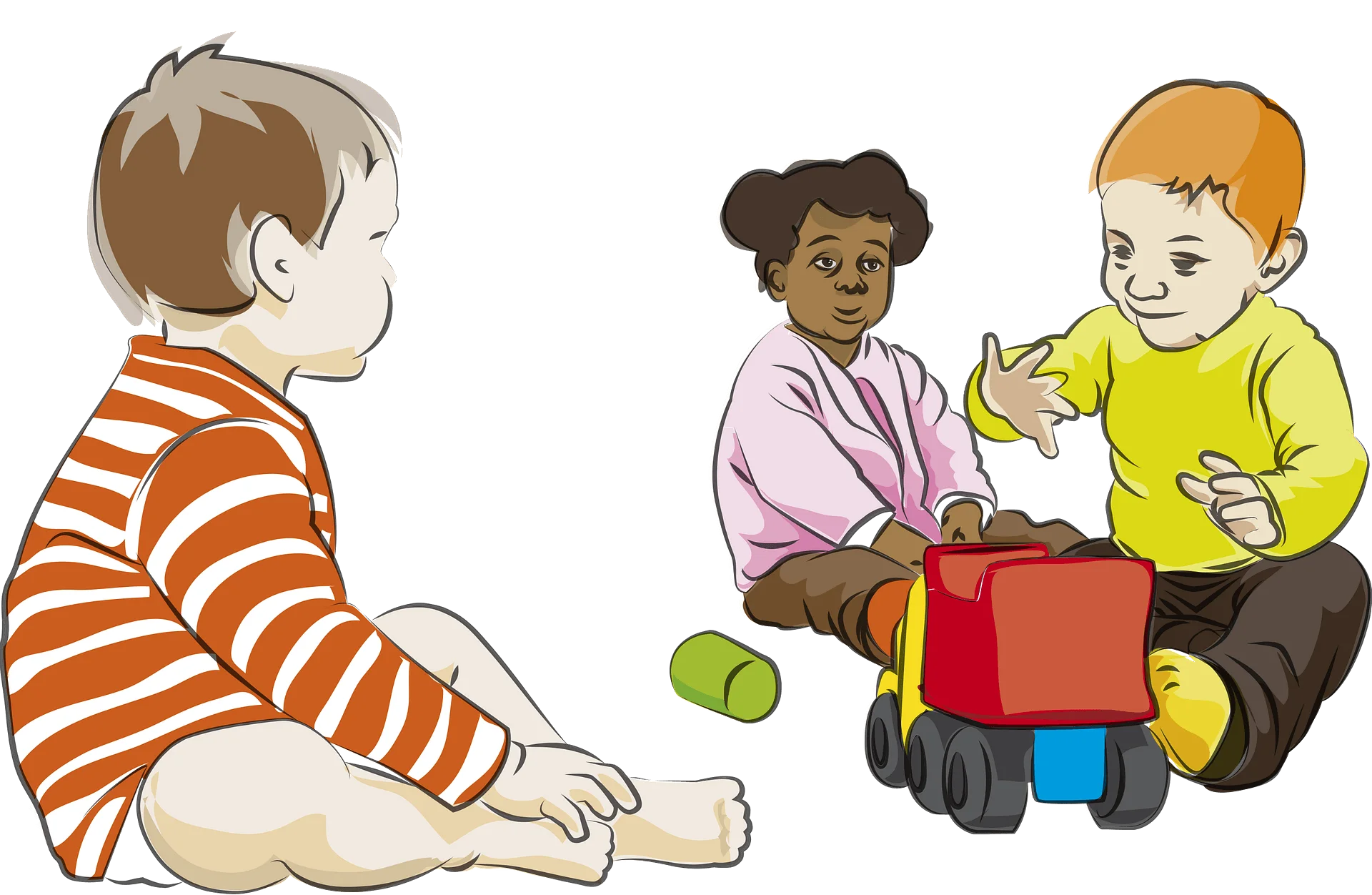 Playful Preschool Moments: Children Sharing Toys in Colorful Clipart Illustration