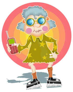 Quirky Retro Grandma Clipart: Tech-Savvy Senior with Mobile Phone and Funky Style