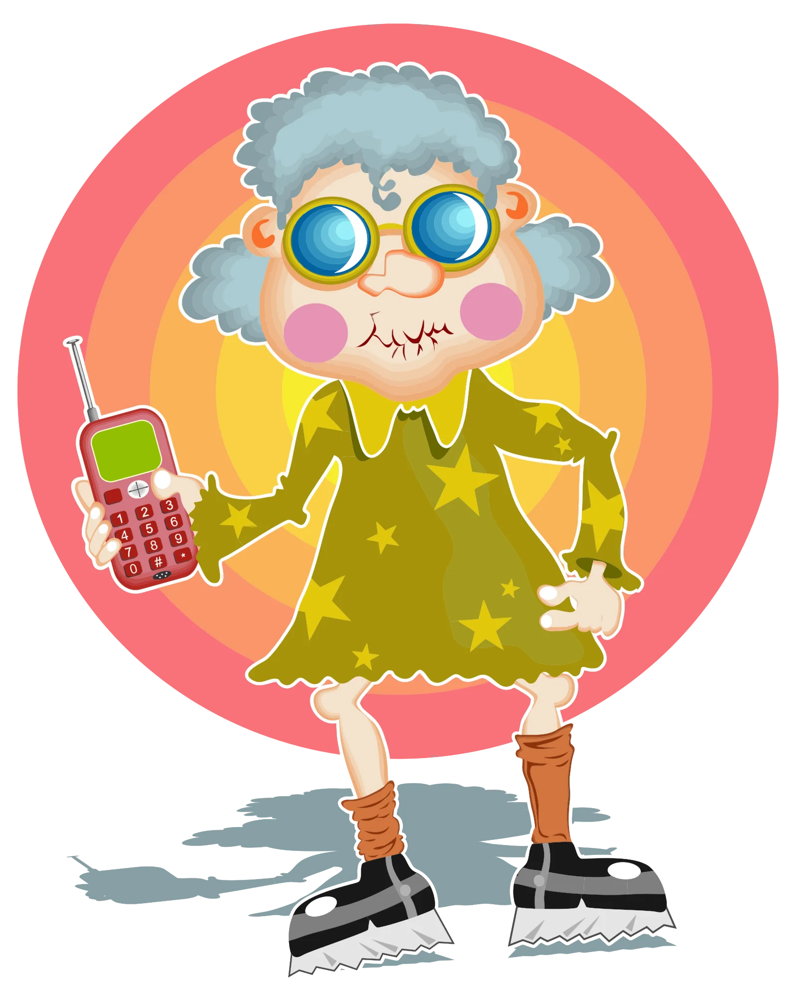 Quirky Retro Grandma Clipart: Tech-Savvy Senior with Mobile Phone and Funky Style