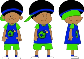 Three Cheerful Cartoon Kids Standing in Cool Blue and Green Clipart Scene