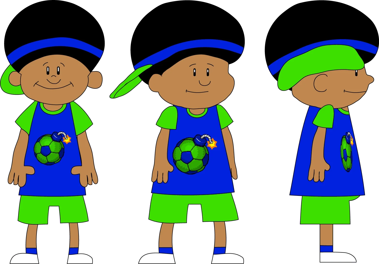 Three Cheerful Cartoon Kids Standing in Cool Blue and Green Clipart Scene