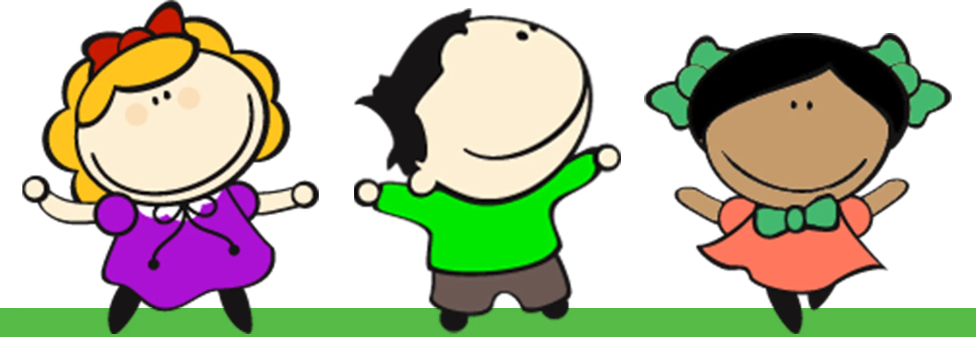 Three Cheerful Children Cartoon Clipart Showcasing Diverse Playful Characters