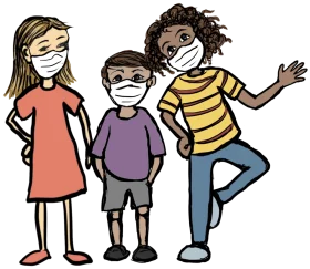 Three Cheerful Children Wearing Masks in Playful Cartoon Clipart Illustration