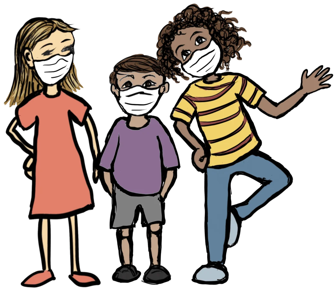 Three Cheerful Children Wearing Masks in Playful Cartoon Clipart Illustration