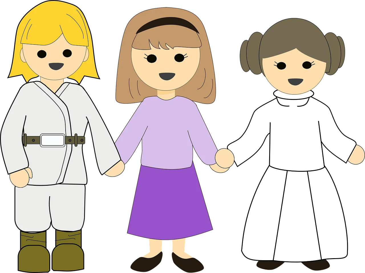 Three Playful Children Holding Hands in Charming Illustrated Clipart Style