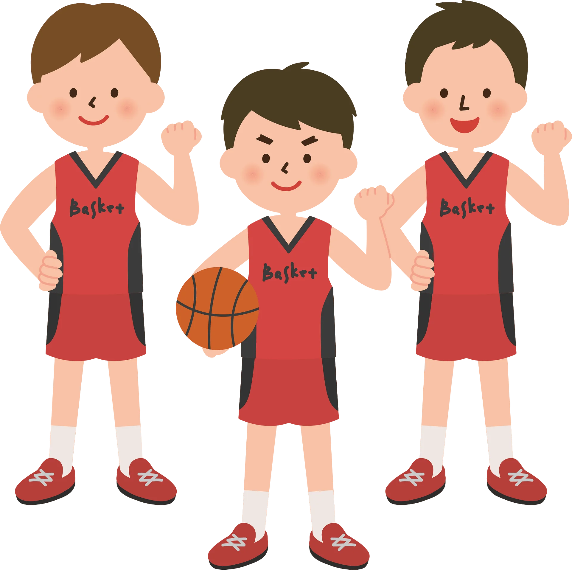 Three Young Basketball Players in Red Jerseys - Cheerful Sports Clipart Illustration