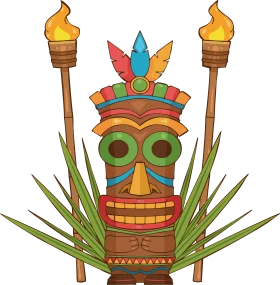 Exotic Tiki Warrior Clipart with Flaming Torches and Tropical Foliage