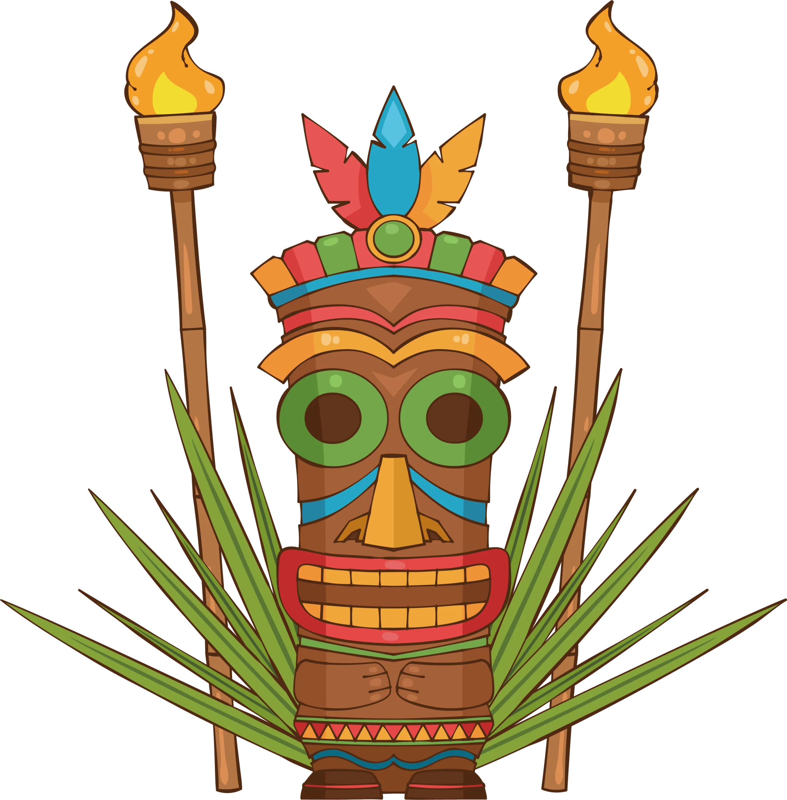 Exotic Tiki Warrior Clipart with Flaming Torches and Tropical Foliage