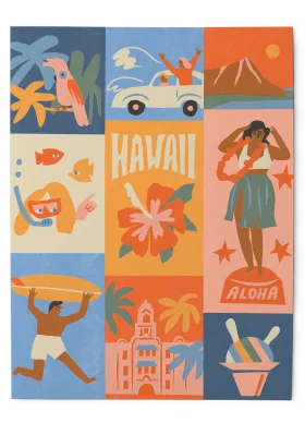 Hawaiian Paradise Postcard-Style Compilation of Playful Hawaii Clipart Illustrations