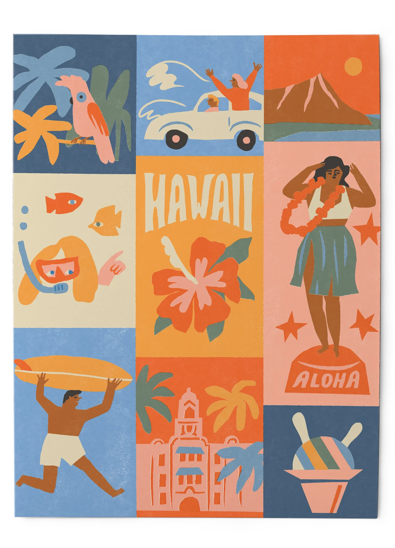 Hawaiian Paradise Postcard-Style Compilation of Playful Hawaii Clipart Illustrations
