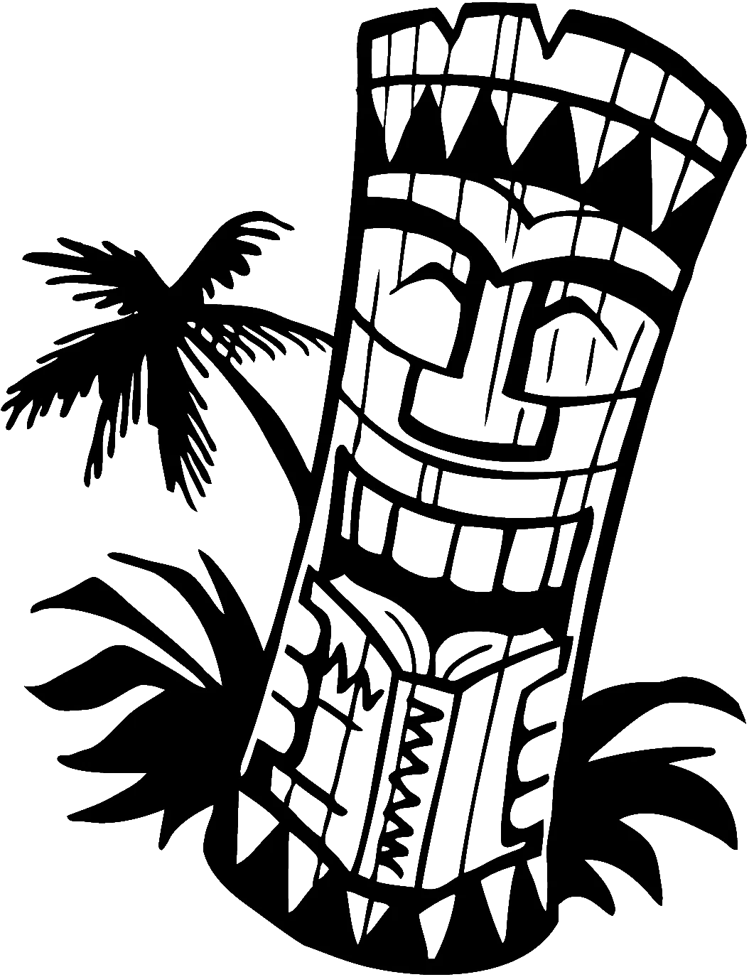 Traditional Hawaiian Tiki Statue with Palm Trees Black and White Clipart Design