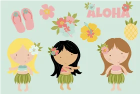 Tropical Hawaii Hula Girls and Summer Elements Cute Clipart Collection