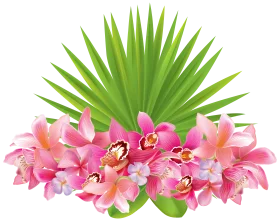 Tropical Paradise Clipart: Lush Palm Fronds and Exotic Orchid Blossoms Arrangement