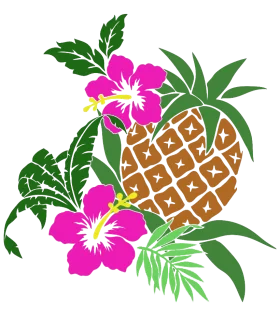 Tropical Paradise Pineapple and Hibiscus Flowers Hawaiian Style Clipart Design