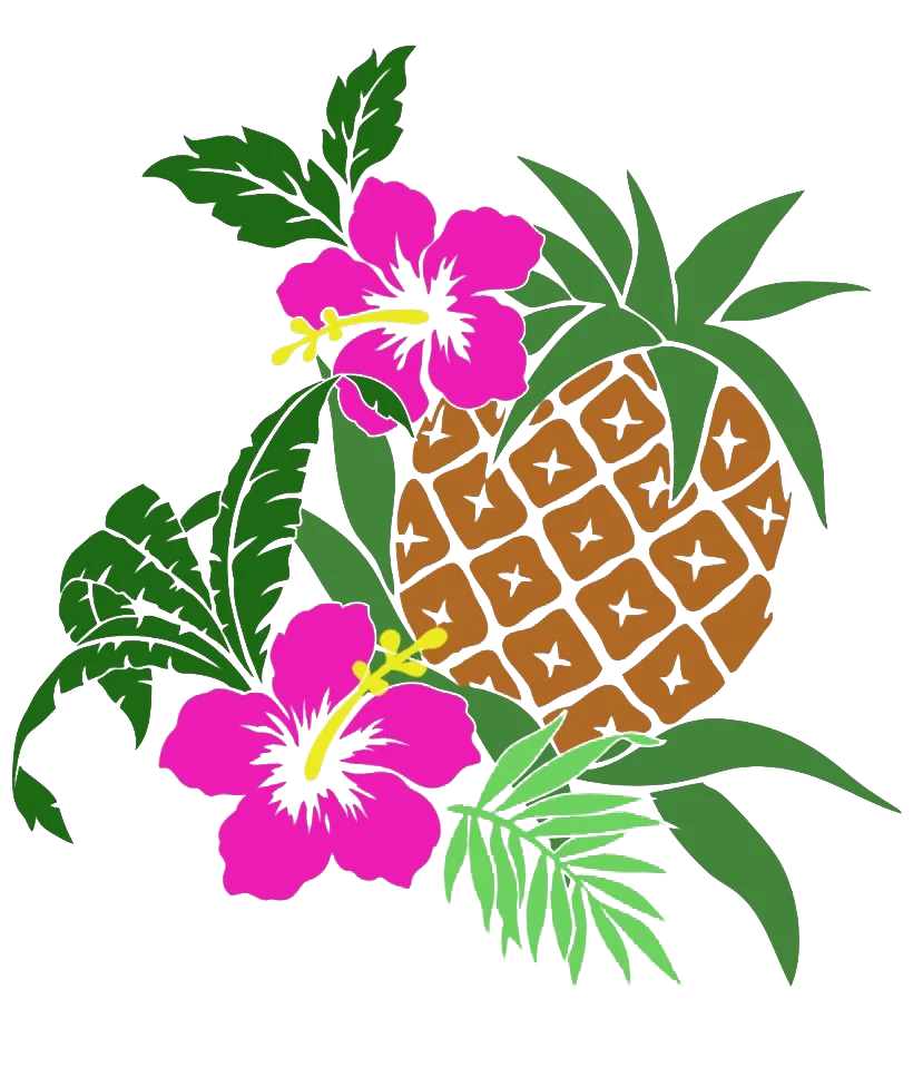 Tropical Paradise Pineapple and Hibiscus Flowers Hawaiian Style Clipart Design