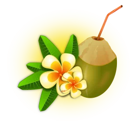Tropical Paradise Refreshment: Coconut Drink and Plumeria Flower Clipart Illustration