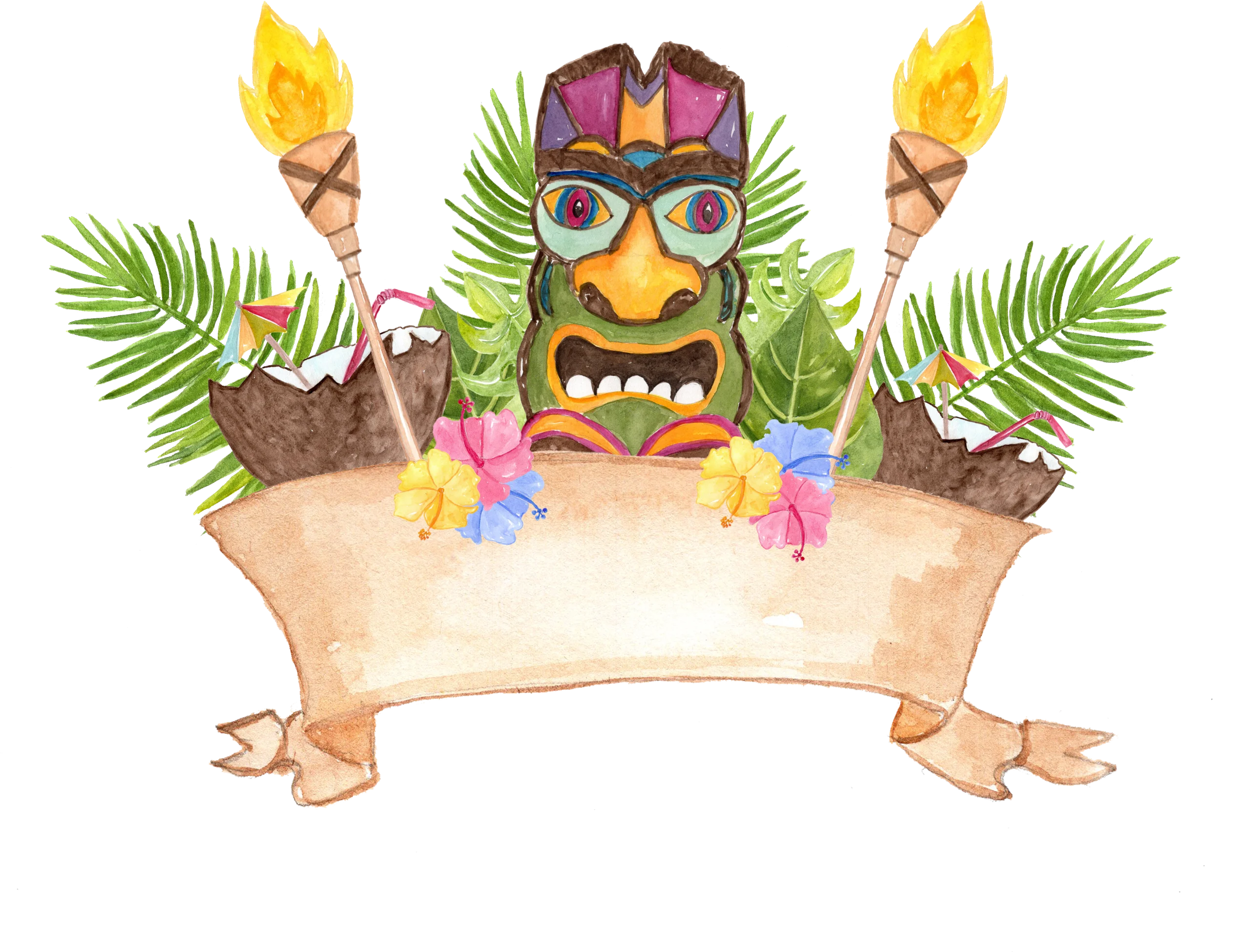 Tropical Tiki Luau Party Hawaiian Celebration Watercolor Clipart Design