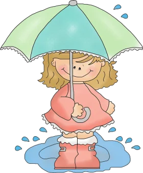 Adorable Rainy Day Little Girl with Umbrella Cartoon Clipart Scene