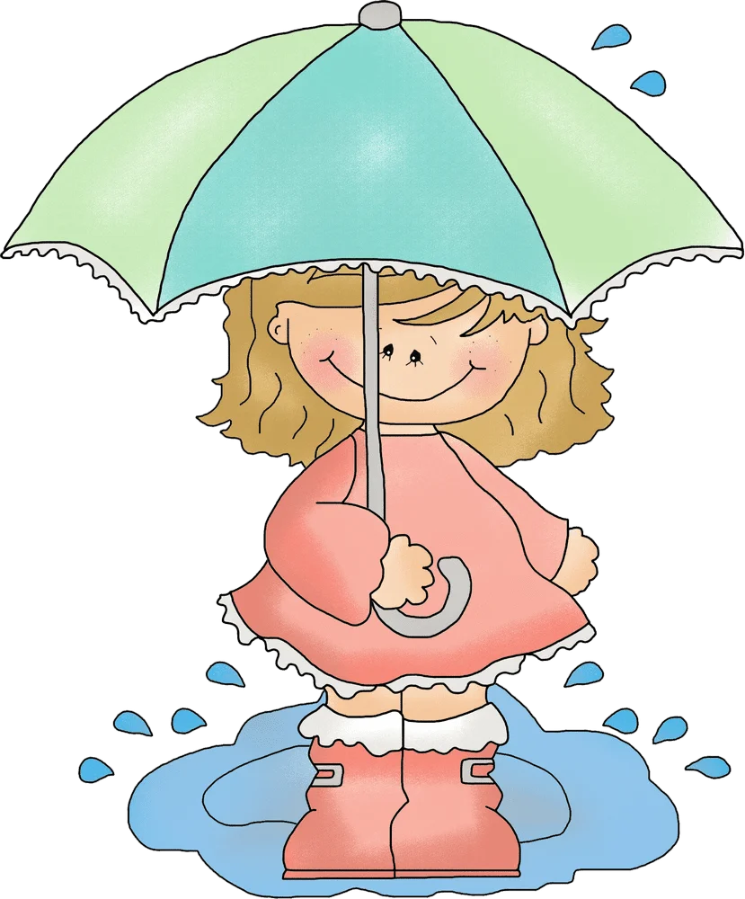Adorable Rainy Day Little Girl with Umbrella Cartoon Clipart Scene
