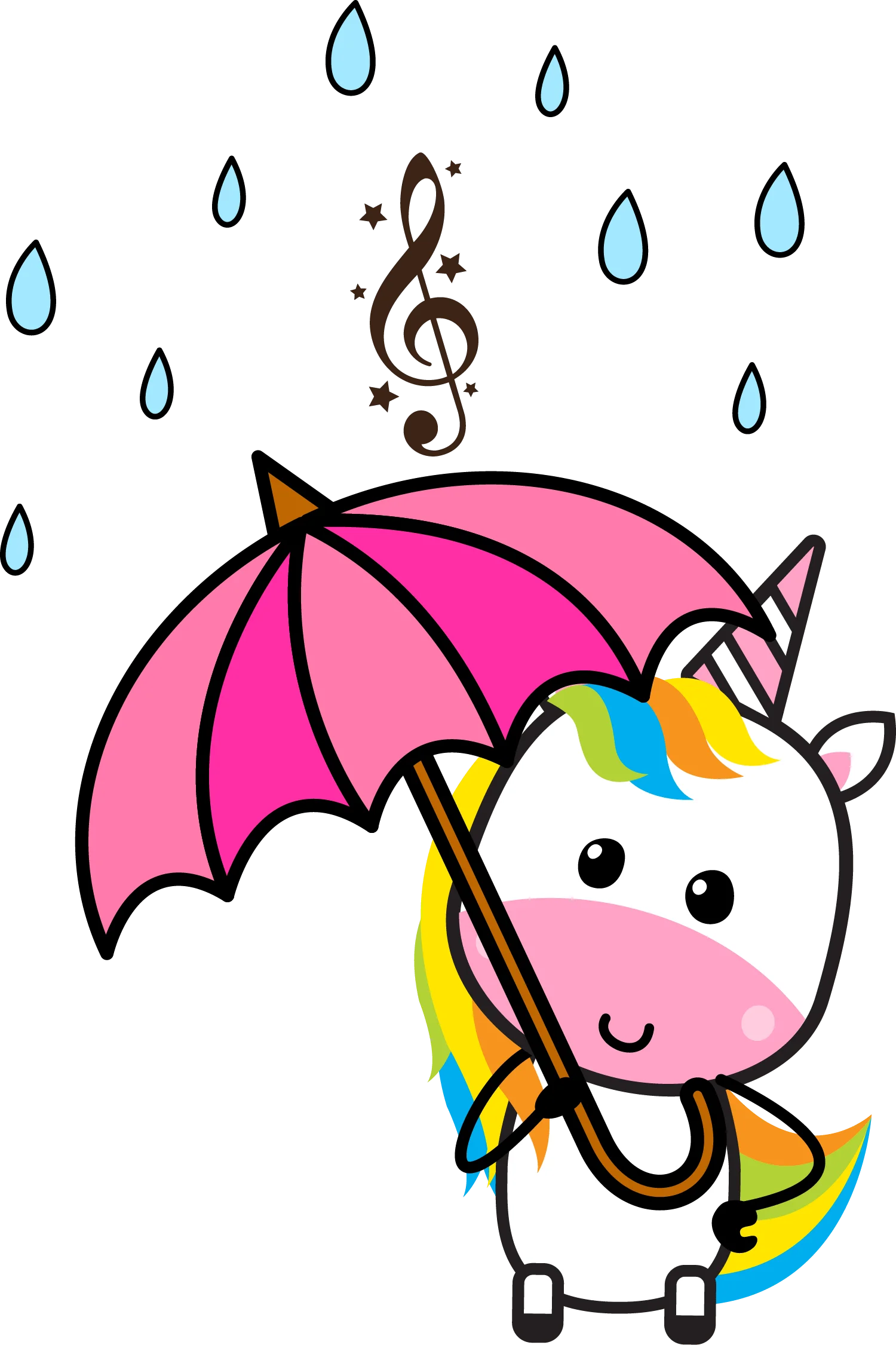 Adorable Unicorn Sheltering from Raindrops with Musical Treble Clef Clipart Design