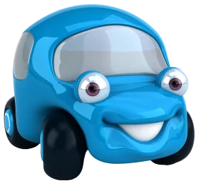 Cheerful Cartoon Blue Mini Car Clipart with Expressive Cartoon Eyes and Smile