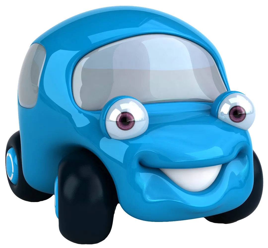Cheerful Cartoon Blue Mini Car Clipart with Expressive Cartoon Eyes and Smile