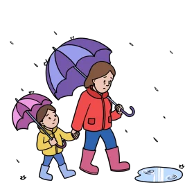 Cheerful Rainy Day Adventure: Parent and Child Walking with Umbrellas Clipart