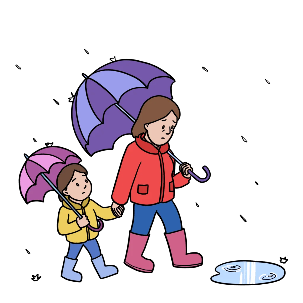 Cheerful Rainy Day Adventure: Parent and Child Walking with Umbrellas Clipart