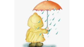 Cheerful Yellow Raincoat Kid Sheltering Under Whimsical Orange Umbrella Clipart Illustration